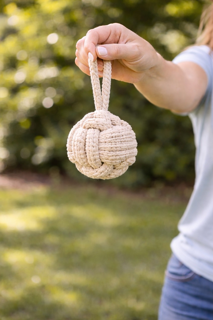 Hand holding a knotted rope ball toy